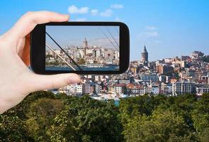 turist tar Foto av galata torn