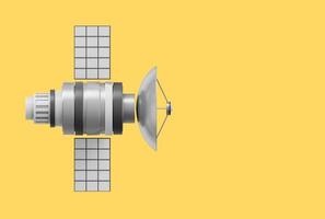 Plats satellit med ett antenn. orbital kommunikation station intelligens, forskning. 3d tolkning. realistisk metallisk ikon på Färg bakgrund med Plats för text. foto