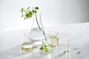 naturlig kosmetisk hudvård serum förpackning med blad, Hem tillverkad olja och skönhet vitamin ingrediens.ekologisk produkt forskning de tom flaska behållare ,bio vetenskap . alternativ medicin. spa. foto