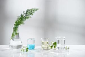 laboratorium glas Utrustning med naturlig Ingredienser på vit bakgrund foto