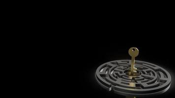 de guld nyckel i labyrint på svart bakgrund 3d tolkning foto