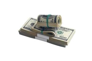 bunt av oss dollar räkningar isolerat på vit. packa av amerikan pengar med hög upplösning på perfekt vit bakgrund foto