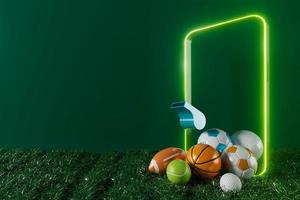 fotboll bollar objekt, sport boll design, fotboll element begrepp, 3d illustration, abstrakt fotboll teknologi, 3d realistisk framställa, grön gräs fält , uppkopplad sport leva, kasino sport företag foto