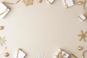 jul dekorationer med förpackning gåvor och bollar på pastell beige bakgrund. platt lägga, kopia Plats foto