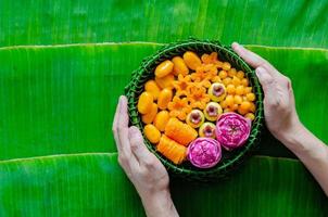 hand innehav thai bröllop desserter på banan löv tallrik eller krathong för thai traditionell ceremoni på banan blad bakgrund. foto