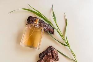 parfym av naturlig kosmetika i en glas flaska på en bit av träd bark och färsk gräs. topp se. beige bakgrund. foto