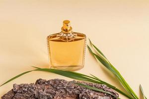 parfymer av naturlig kosmetika i en glas flaska på en beige bakgrund. träd bark, grön gräs. ett tömma layout för text. foto