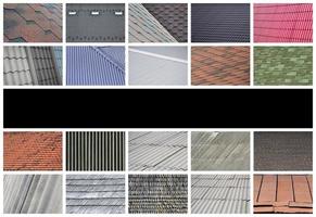 en collage av många bilder med fragment av olika typer av takläggning stänga upp. en uppsättning av bilder med tak beläggning texturer foto