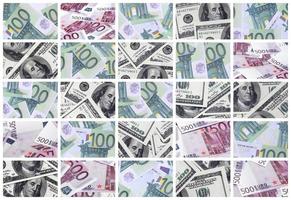 en collage av många bilder av euro sedlar i valörer av 100 och 500 euro liggande i de högen foto