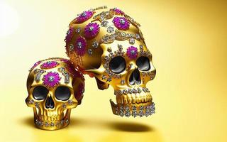 dia de los muertos guld skalle dekorerad med blommor de dag av de död- 3d illustration foto