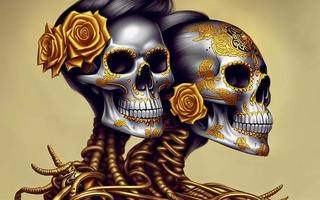 skalle tillverkad av guld med blommor och vinstockar läskigt bakgrund för dag av de död- foto