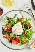 burrata, italiensk färsk ost tillverkad från grädde och buffel eller ko mjölk, med tomat, arugula och röd basilika sallad foto