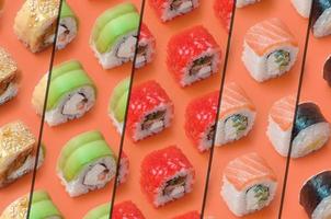 collage med annorlunda typer av asiatisk sushi rullar på orange bakgrund. minimalism topp se platt lägga mönster med japansk mat foto