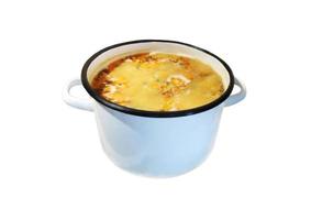 ärta soppa, kokt i en panorera, på en vit bakgrund foto