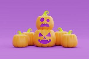 glad halloween med jack-o-lantern pumpor karaktär på lila bakgrund, traditionell oktober semester, 3D-rendering. foto