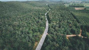 arial se av en motorväg genom en skog på solnedgång foto