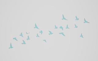 3d tolkning flygande fåglar flock silhuetter på vägg skära ut bakgrund. duva översikt. symbol av frihet. foto