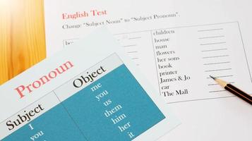 engelsk testa ark på trä- skrivbord foto