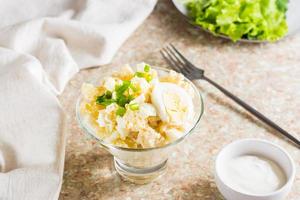 potatis sallad med kokt ägg, grön lök och majonnäs i en skål på de tabell foto