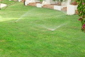 sprinkler i trädgård vattning de gräsmatta. automatisk vattning gräsmattor begrepp foto