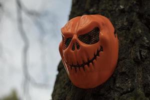 fruktansvärd pumpa mask. halloween mask. plast ansikte. skrämmande leende. foto