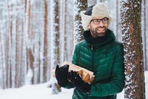 skäggig ung hane bär varm mössa och grön kavaj, håller högen med ved, tittar glatt åt sidan, märker något, gillar vinter och frostigt väder. drömsk attraktiv man tillbringar tid i skogen foto