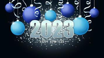 Lycklig ny år 2023. jul blå och cyan bollar och silver- serpentin. vektor illustration. foto