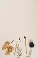 kalligrafi, skarp penna, bläck, fjädrar, äpple blomma, rosett på beige bakgrund med kopiering Plats foto