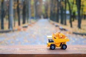 de begrepp av säsong- skörd av höst fallen löv är avbildad i de form av en leksak gul lastbil lastad med löv mot de bakgrund av de höst parkera foto