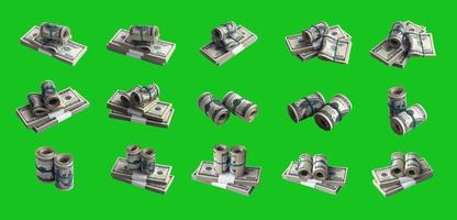 stor uppsättning av buntar av oss dollar räkningar isolerat på krom nyckel grön. collage med många förpackningar av amerikan pengar med hög upplösning på perfekt grön bakgrund foto