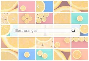 visualisering av de Sök bar på de bakgrund av en collage av många bilder med saftig bäst apelsiner. foto
