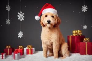 förtjusande goldendoodle hund med ett santa hatt och jul dekorationer, söt foto