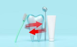 dental molar- tänder modell 3d ikon med röd spiral pil, tandborste, tandkräm rör, tandläkare spegel isolerat på blå bakgrund. dental undersökning av de tandläkare, tand skydd, 3d framställa foto