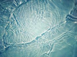 defokusering suddig transparent blå färgad klar lugna vatten yta textur med stänk och bubblor. trendig abstrakt natur bakgrund. vatten vågor i solljus med kopia Plats. blå vattenfärg lysande foto