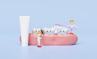 3d pinne man rengöring plack, kalksten, dental molar- tänder modell ikon med tandborste, tandkräm rör, tandkött, bubbla isolerat på blå. hälsa av vit tänder, oral vård, 3d framställa illustration foto
