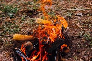 två metall grillspett med skewered majs är hölls över de brand foto