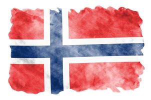 Norge flagga är avbildad i flytande vattenfärg stil isolerat på vit bakgrund foto