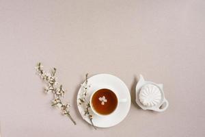 de begrepp av vår. en kopp av svart te med äpple blommar och marshmallows på en tallrik i de form av en tekanna på en beige bakgrund med en kopia Plats foto