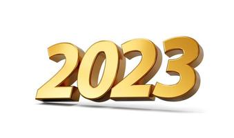 2023 3d realistisk guld Lycklig ny år 2023 hälsning kort isolerat på vit bakgrund 3d illustration foto