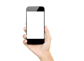 närbild hand hålla smartphone mobil isolerad på vitt foto