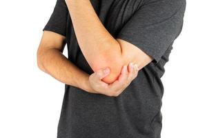äldre män eller kvinnor eller ung människor ha ärm smärta knä, vrist, gemensam smärta, artrit, och sena problem. träningsinducerad muskel smärta isolerat på vit bakgrund foto
