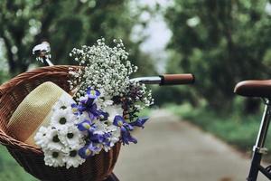 bra dag till rida cykel. närbild av cykel med blommor och en hatt i de korg stående på de väg utomhus foto