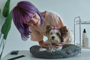 skön ung kvinna tar vård av liten hund på de grooming salong foto