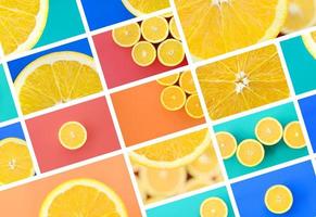 en collage av många bilder med saftig apelsiner. uppsättning av bilder med frukt och annorlunda färger foto