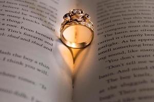 bröllopsskal med en hjärtskugga i en bok