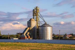 agro silos spannmålsmagasin hiss med frön rengöring linje på jordbruksbearbetning tillverkning växt för bearbetning torkning rengöring och lagring av jordbruks Produkter foto