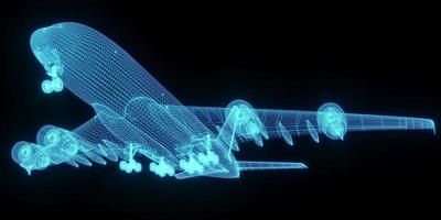 3d tolkning illustration flygplan plan lysande neon hologram trogen visa teknologi säkerhet för premie produkt företag finansiera transport foto