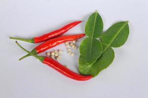 bergamott blad med chili och paprikor på vit bakgrund foto