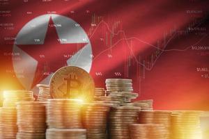 norr korea flagga och stor belopp av gyllene bitcoin mynt och handel plattform Diagram. crypto valuta foto