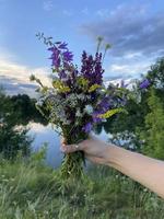 de flicka innehar vild blommor i henne hand utsikt de sjö och de himmel. resa begrepp, sommar semester foto